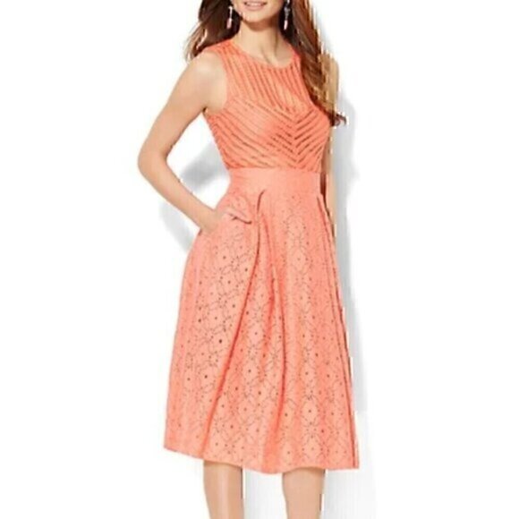 NEW YORK COMPANY NY&CO Eyelet Fit Flare Dress Coral Orange Pink Sleeveless Midi - Picture 1 of 13